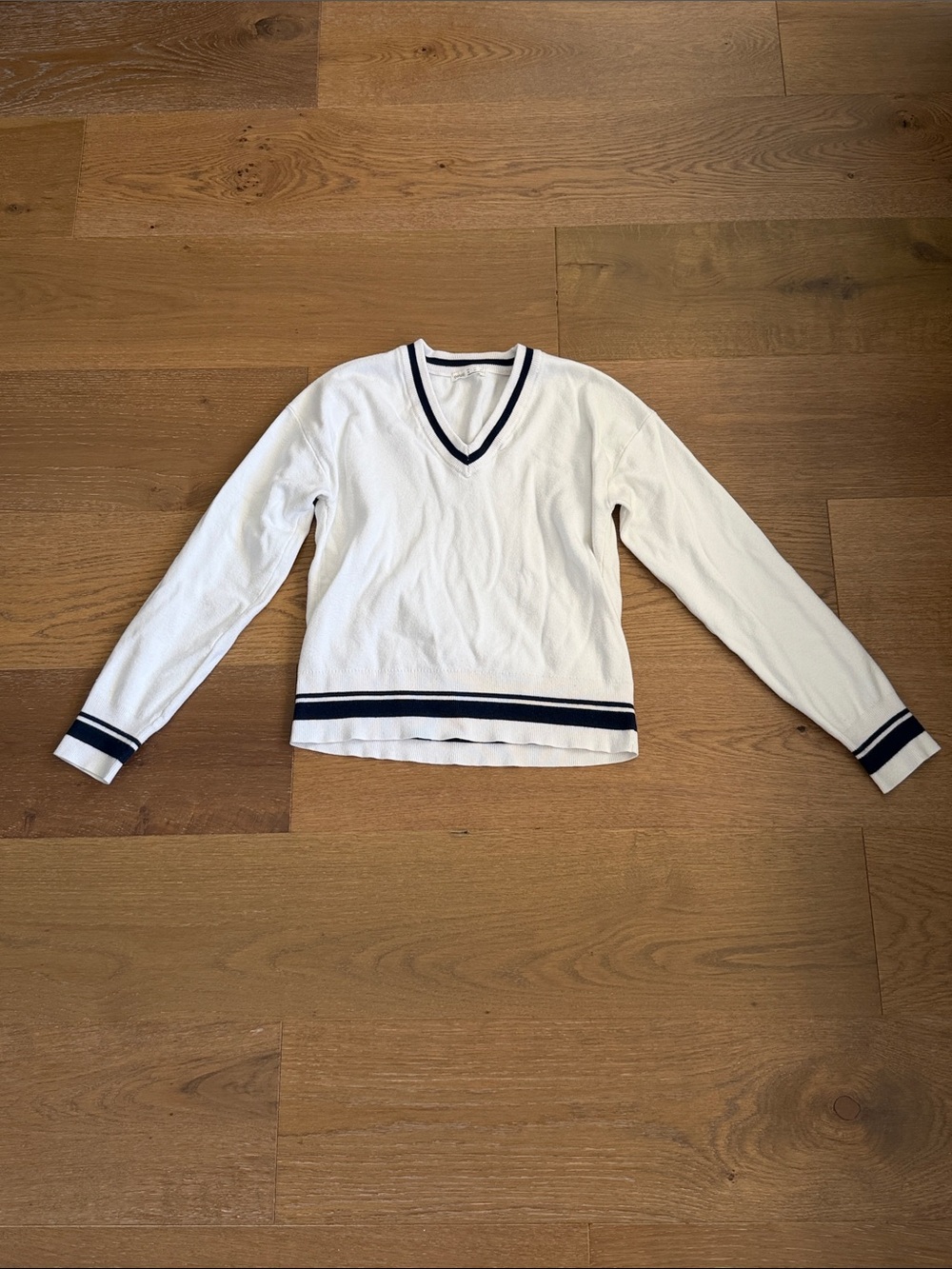 White V-Neck Sweater with Navy Trim